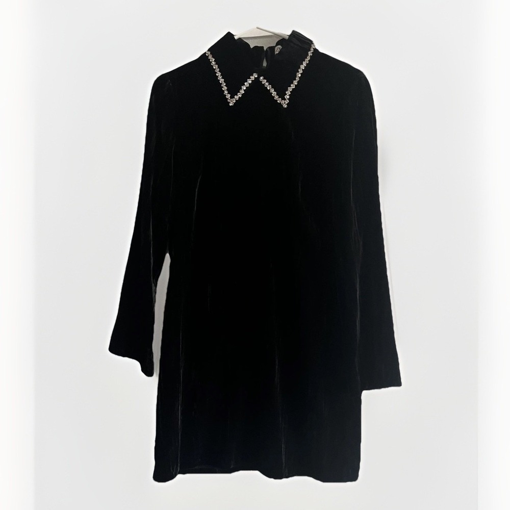 Zara Dress Womens M Black Velvet Rhinestone Collar Long Sleeve Shift Mini